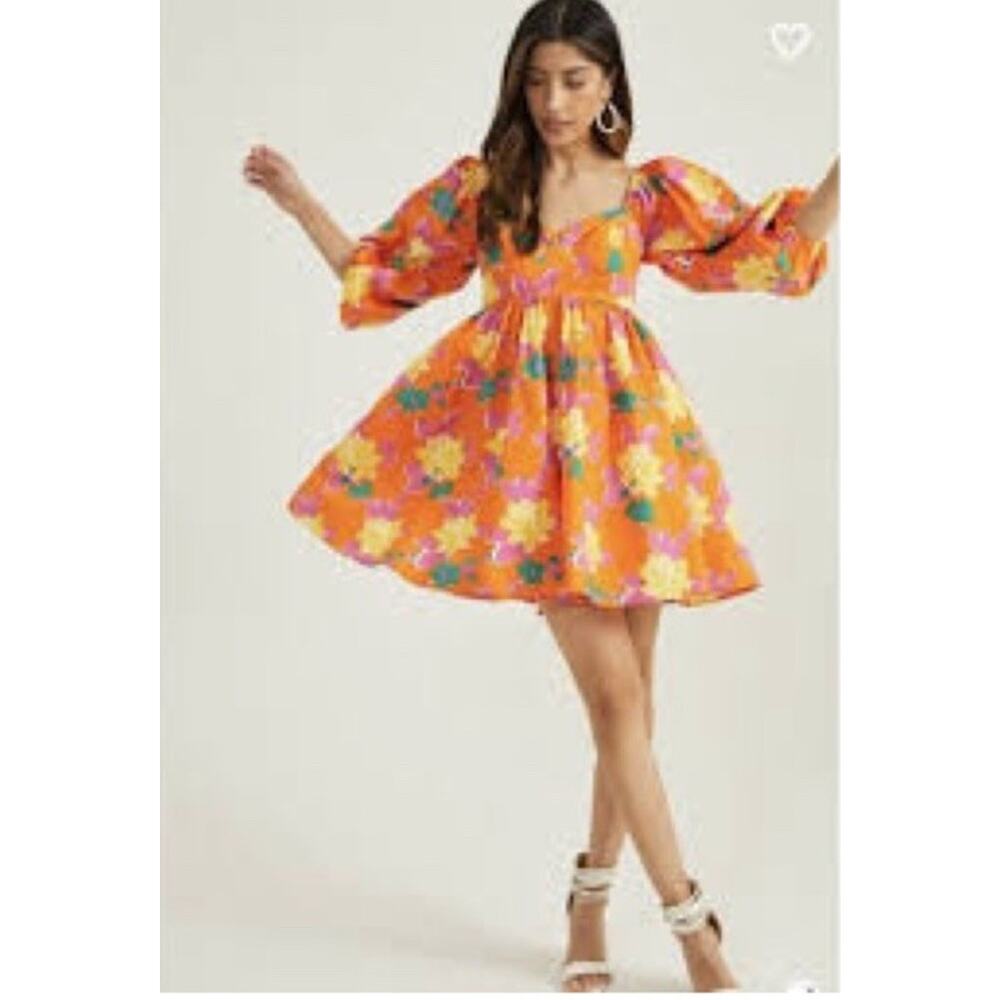 Altar'd State Minister Dress M Puff Sleeve Orange Floral Tropical Boho Pockets - Picture 2 of 16